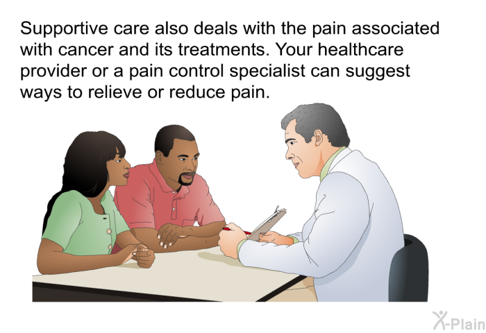 Supportive care also deals with the pain associated with cancer and its treatments. Your healthcare provider or a pain control specialist can suggest ways to relieve or reduce pain.