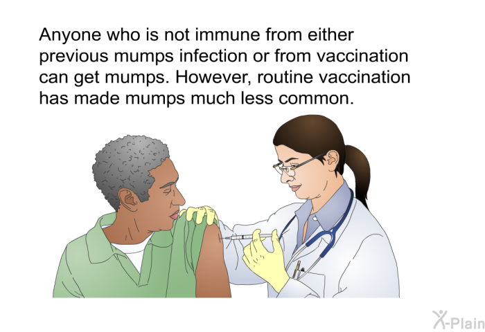 Anyone who is not immune from either previous mumps infection or from vaccination can get mumps. However, routine vaccination has made mumps much less common.