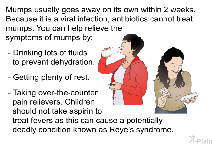 Mumps usually goes away on its own within 2 weeks. Because it is a viral infection, antibiotics cannot treat mumps. You can help relieve the symptoms of mumps by:  Drinking lots of fluids to prevent dehydration. Getting plenty of rest. Taking over-the-counter pain relievers. Children should not take aspirin to treat fevers as this can cause a potentially deadly condition known as Reye's syndrome.