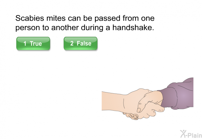 Scabies mites can be passed from one person to another during a handshake. Press True or False.