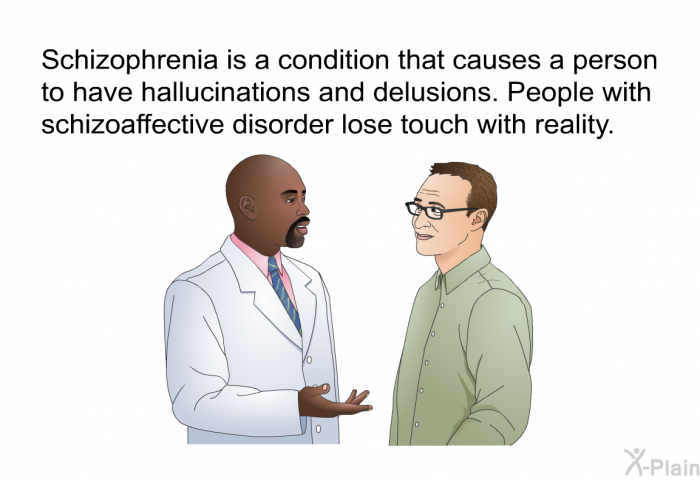 Schizophrenia is a condition that causes a person to have hallucinations and delusions. People with schizoaffective disorder lose touch with reality.