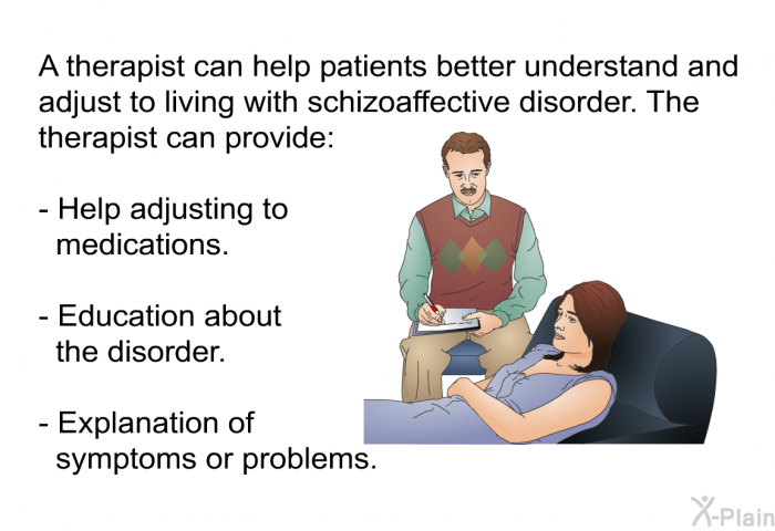 A therapist can help patients better understand and adjust to living with schizoaffective disorder. The therapist can provide:  Help adjusting to medications. Education about the disorder. Explanation of symptoms or problems.