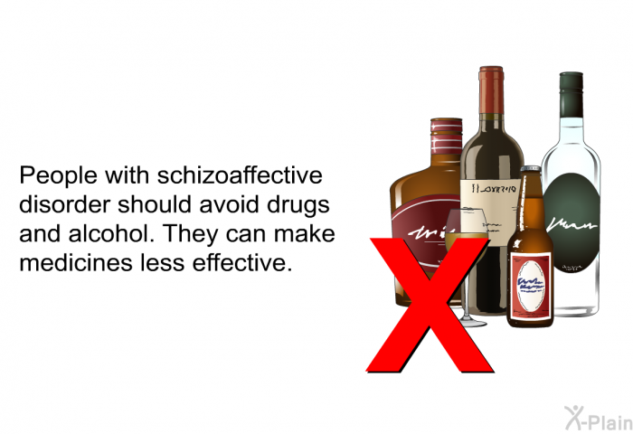 People with schizoaffective disorder should avoid drugs and alcohol. They can make medicines less effective.