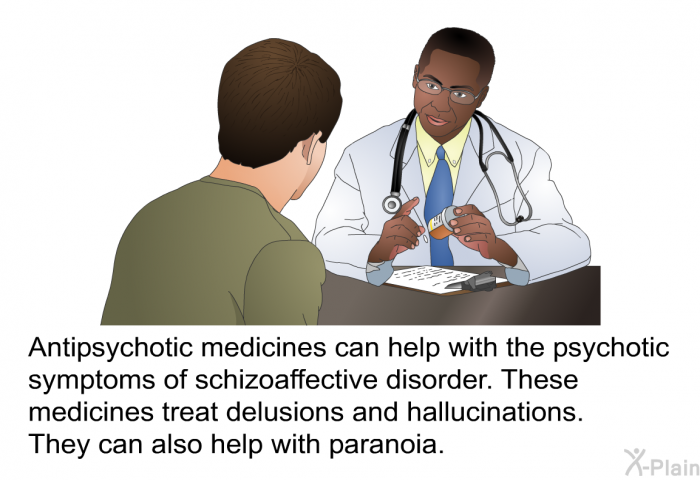 Antipsychotic medicines can help with the psychotic symptoms of schizoaffective disorder. These medicines treat delusions and hallucinations. They can also help with paranoia.