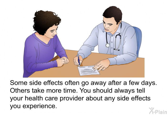 Some side effects often go away after a few days. Others take more time. You should always tell your health care provider about any side effects you experience.