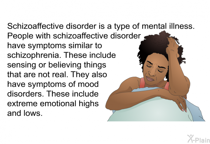 Schizoaffective disorder is a type of mental illness. People with schizoaffective disorder have symptoms similar to schizophrenia. These include sensing or believing things that are not real. They also have symptoms of mood disorders. These include extreme emotional highs and lows.
