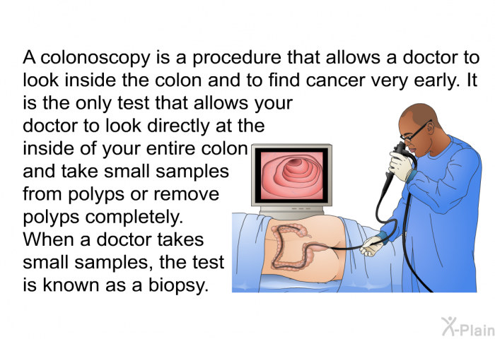 A colonoscopy is a procedure that allows a doctor to look inside the colon and to find cancer very early. It is the only test that allows your doctor to look directly at the inside of your entire colon and take small samples from polyps or remove polyps completely. When a doctor takes small samples, the test is known as a biopsy.