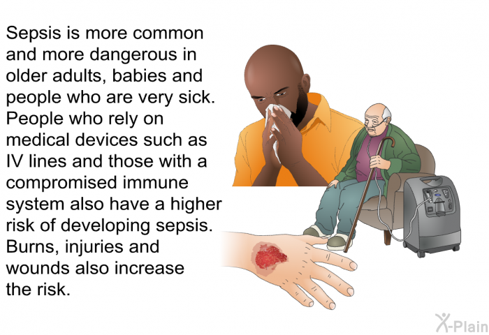 Sepsis is more common and more dangerous in older adults, babies and people who are very sick. People who rely on medical devices such as IV lines and those with a compromised immune system also have a higher risk of developing sepsis. Burns, injuries and wounds also increase the risk.