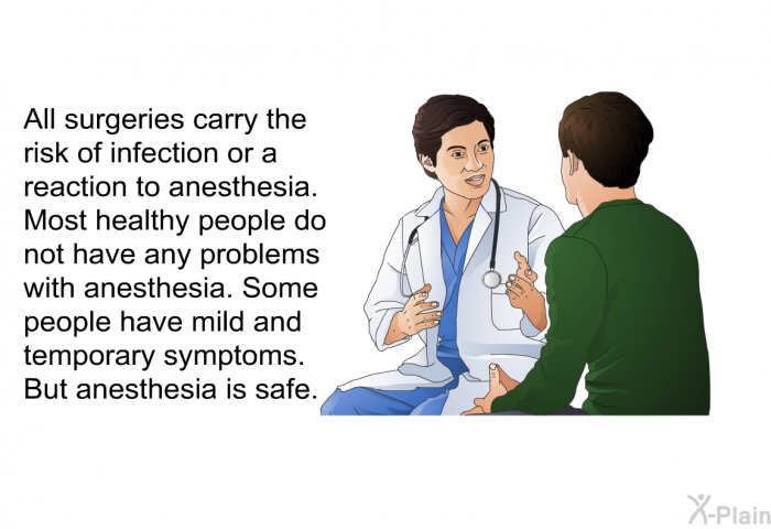 All surgeries carry the risk of infection or a reaction to anesthesia. Most healthy people do not have any problems with anesthesia. Some people have mild and temporary symptoms. But anesthesia is safe.
