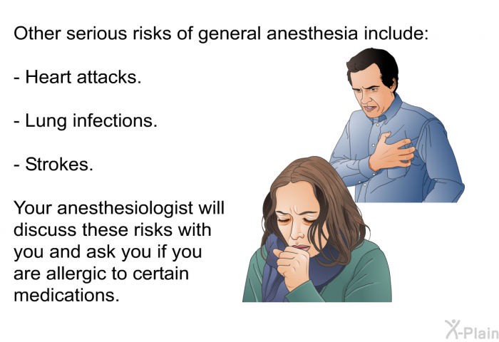 Other serious risks of general anesthesia include:  Heart attacks. Lung infections. Strokes.  
 Your anesthesiologist will discuss these risks with you and ask you if you are allergic to certain medications.