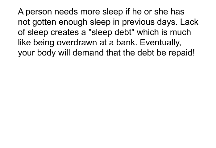 A person needs more sleep if he or she has not gotten enough sleep in previous days. Lack of sleep creates a "sleep debt" which is much like being overdrawn at a bank. Eventually, your body will demand that the debt be repaid!