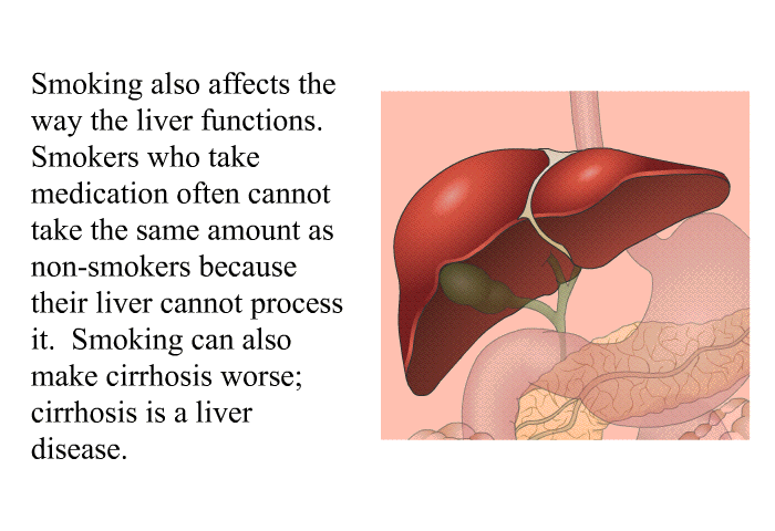 Smoking also affects the way the liver functions. Smokers who take medication often cannot take the same amount as non-smokers because their liver cannot process it. Smoking can also make cirrhosis worse; cirrhosis is a liver disease.