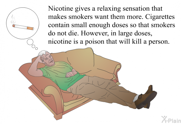 Nicotine gives a relaxing sensation that makes smokers want them more. Cigarettes contain small enough doses so that smokers do not die. However, in large doses, nicotine is a poison that will kill a person.