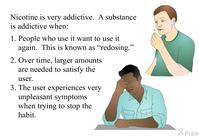 Nicotine is very addictive. A substance is addictive when:  People who use it want to use it again. This is known as “redosing.” Over time, larger amounts are needed to satisfy the user. The user experiences very unpleasant symptoms when trying to stop the habit.
