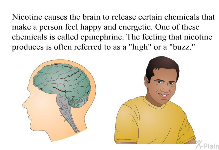 Nicotine causes the brain to release certain chemicals that make a person feel happy and energetic. One of these chemicals is called epinephrine. The feeling that nicotine produces is often referred to as a “high” or a “buzz.”