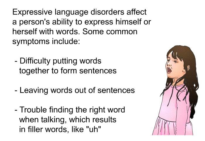 Expressive language disorders affect a person's ability to express himself or herself with words. Some common symptoms include:  Difficulty putting words together to form sentences Leaving words out of sentences Trouble finding the right word when talking, which results in filler words, like &ldquo;uh&rdquo;