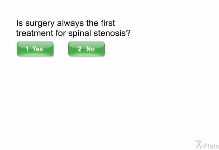 Is surgery always the first treatment for spinal stenosis?