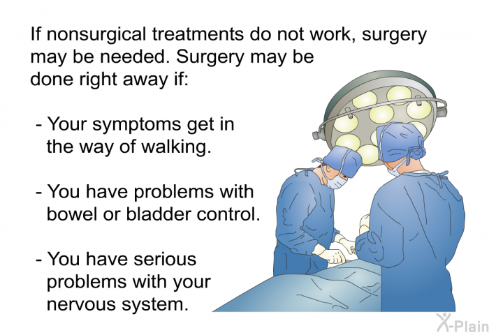 If nonsurgical treatments do not work, surgery may be needed. Surgery may be done right away if:  Your symptoms get in the way of walking. You have problems with bowel or bladder control. You have serious problems with your nervous system.
