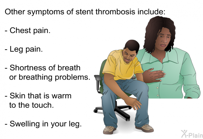 Other symptoms of stent thrombosis include:  Chest pain. Leg pain. Shortness of breath or breathing problems. Skin that is warm to the touch. Swelling in your leg.