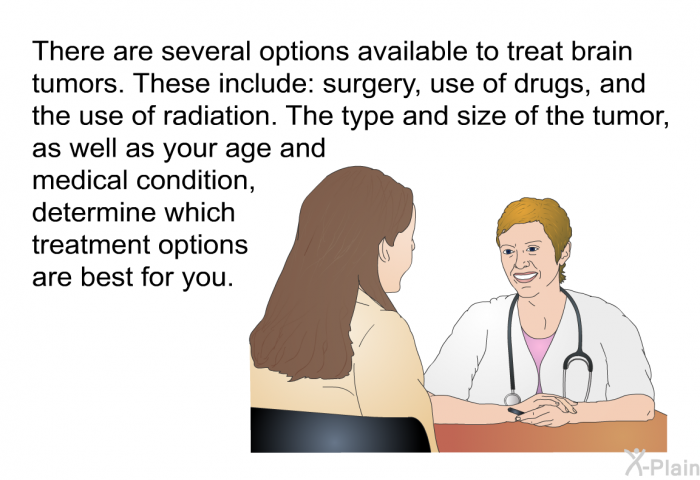 There are several options available to treat brain tumors. These include: surgery, use of drugs, and the use of radiation. The type and size of the tumor, as well as your age and medical condition, determine which treatment options are best for you.