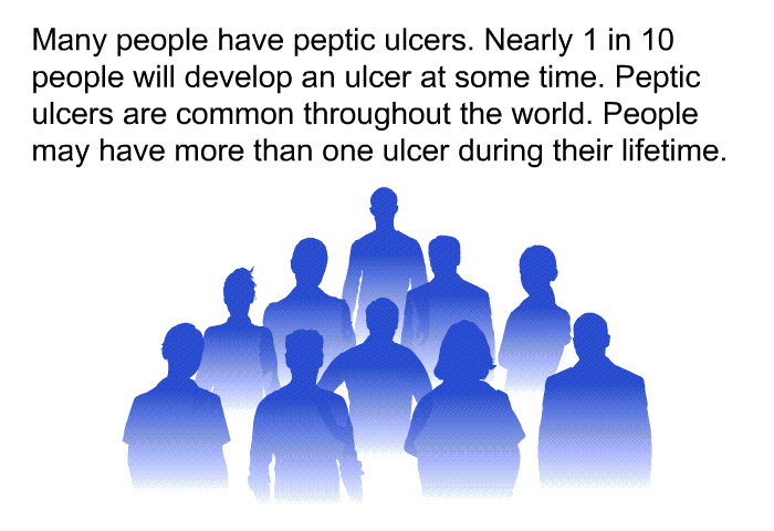 Many people have peptic ulcers. Nearly 1 in 10 people will develop an ulcer at some time. Peptic ulcers are common throughout the world. People may have more than one ulcer during their lifetime.