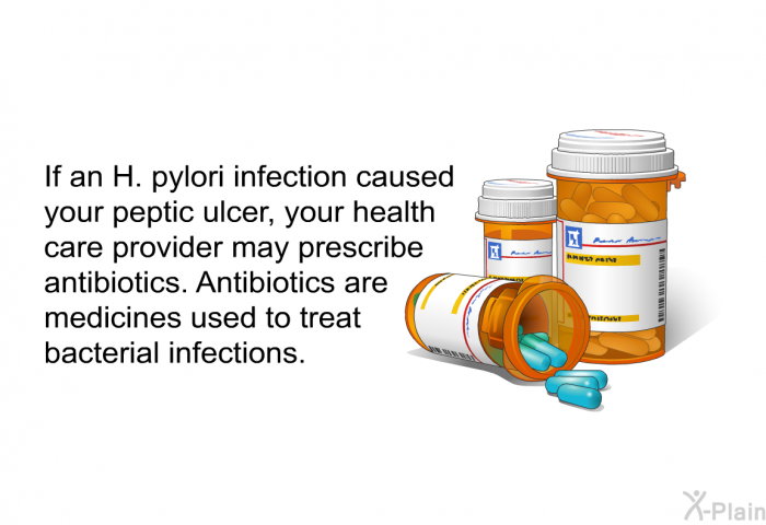 If an H. pylori infection caused your peptic ulcer, your health care provider may prescribe antibiotics. Antibiotics are medicines used to treat bacterial infections.