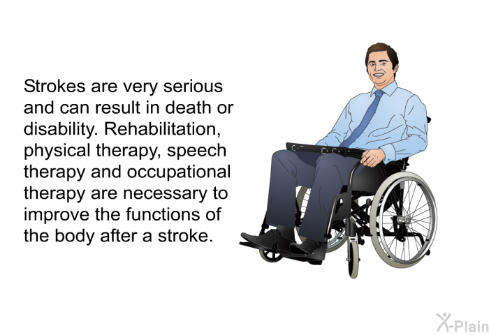 Strokes are very serious and can result in death or disability. Rehabilitation, physical therapy, speech therapy and occupational therapy are necessary to improve the functions of the body after a stroke.