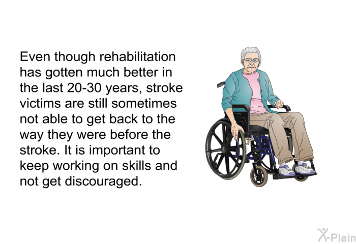Even though rehabilitation has gotten much better in the last 20-30 years, stroke victims are still sometimes not able to get back to the way they were before the stroke. It is important to keep working on skills and not get discouraged.
