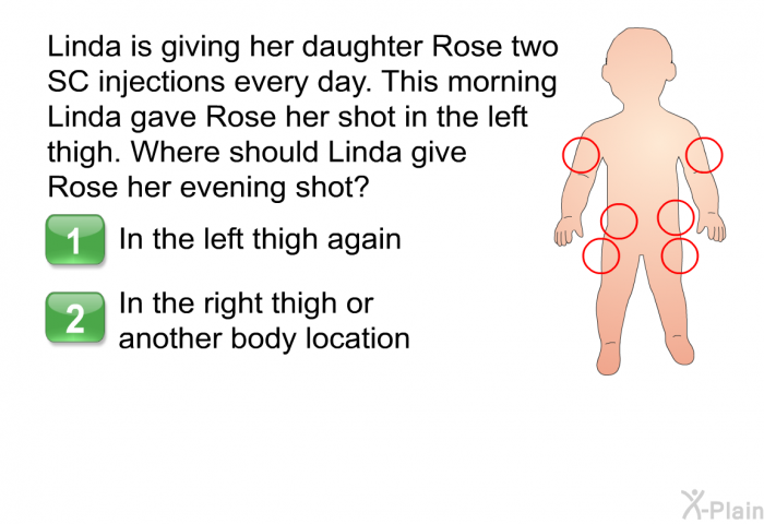 Linda is giving her daughter Rose two SC injections every day. This morning Linda gave Rose her shot in the left thigh. Where should Linda give Rose her evening shot?  In the left thigh again In the right thigh or another body location