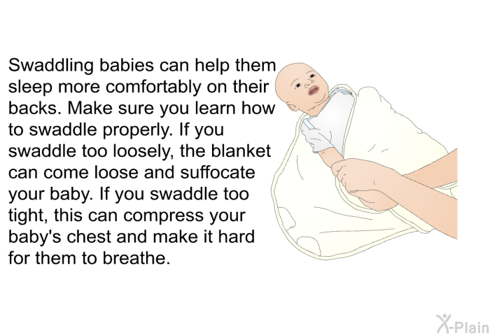 Swaddling babies can help them sleep more comfortably on their backs. Make sure you learn how to swaddle properly. If you swaddle too loosely, the blanket can come loose and suffocate your baby. If you swaddle too tight, this can compress your baby's chest and make it hard for them to breathe.