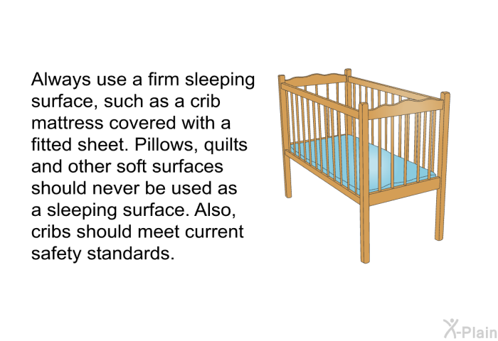 Always use a firm sleeping surface, such as a crib mattress covered with a fitted sheet. Pillows, quilts and other soft surfaces should never be used as a sleeping surface. Also, cribs should meet current safety standards.