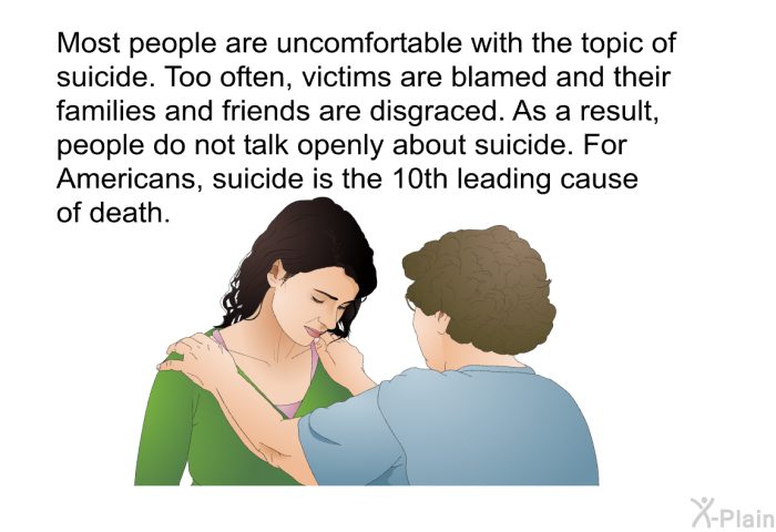 Most people are uncomfortable with the topic of suicide. Too often, victims are blamed and their families and friends are disgraced. As a result, people do not talk openly about suicide. For Americans, suicide is the 10th leading cause of death.