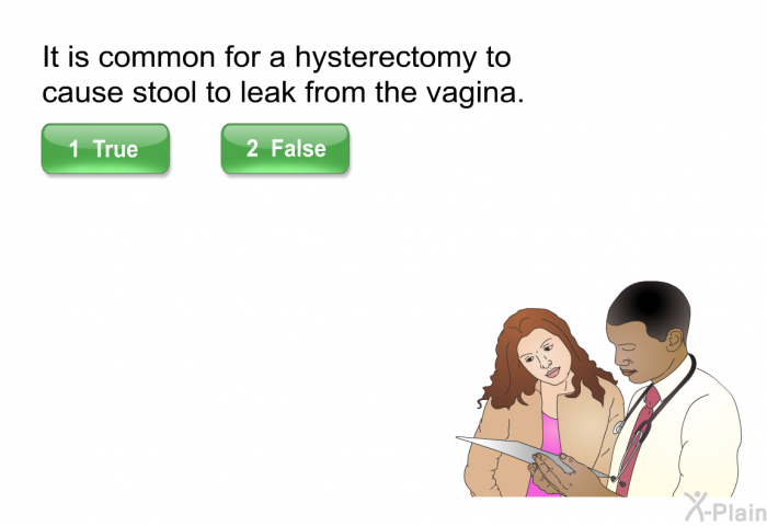 It is common for a hysterectomy to cause stool to leak from the vagina. Press True or False