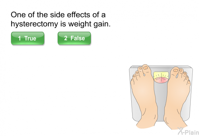 One of the side effects of a hysterectomy is weight gain. Press True or False