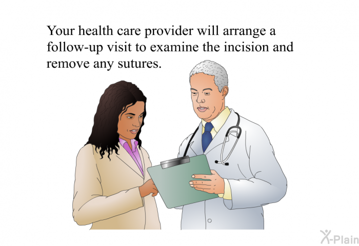 Your health care provider will arrange a follow-up visit to examine the incision and remove any sutures.