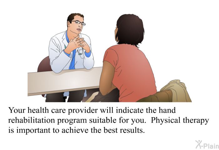 Your health care provider will indicate the hand rehabilitation program suitable for you. Physical therapy is important to achieve the best results.