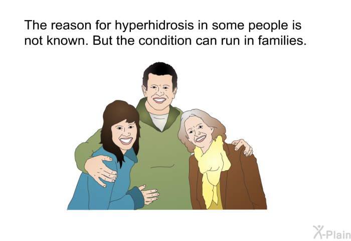 The reason for hyperhidrosis in some people is not known. But the condition can run in families.