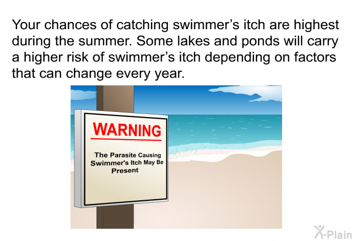 Your chances of catching swimmer's itch are highest during the summer. Some lakes and ponds will carry a higher risk of swimmer's itch depending on factors that can change every year.