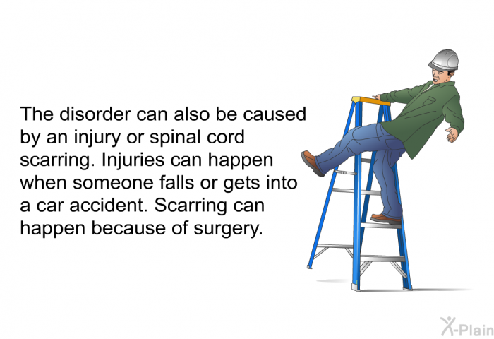 The disorder can also be caused by an injury or spinal cord scarring. Injuries can happen when someone falls or gets into a car accident. Scarring can happen because of surgery.