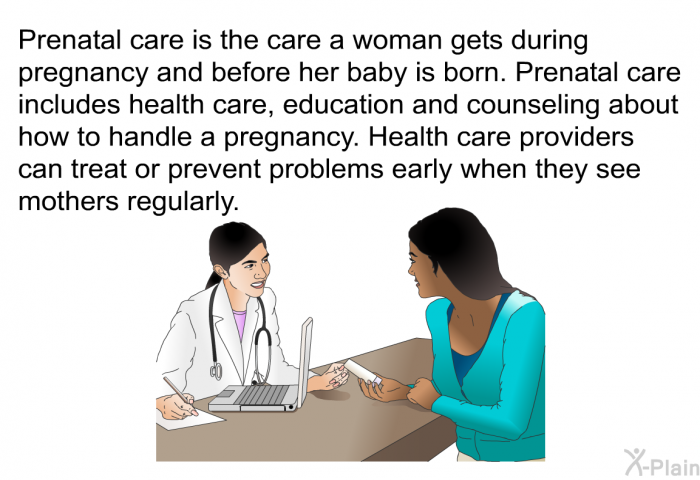 Prenatal care is the care a woman gets during pregnancy and before her baby is born. Prenatal care includes health care, education and counseling about how to handle a pregnancy. Health care providers can treat or prevent problems early when they see mothers regularly.