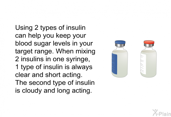 Using 2 types of insulin can help you keep your blood sugar levels in your target range. When mixing 2 insulins in one syringe, 1 type of insulin is always clear and short acting. The second type of insulin is cloudy and long acting.