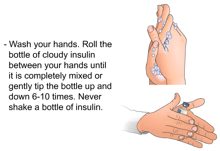 Wash your hands. Roll the bottle of cloudy insulin between your hands until it is completely mixed or gently tip the bottle up and down 6-10 times. Never shake a bottle of insulin.