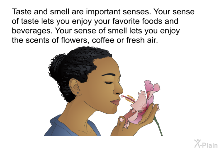 Taste and smell are important senses. Your sense of taste lets you enjoy your favorite foods and beverages. Your sense of smell lets you enjoy the scents of flowers, coffee or fresh air.