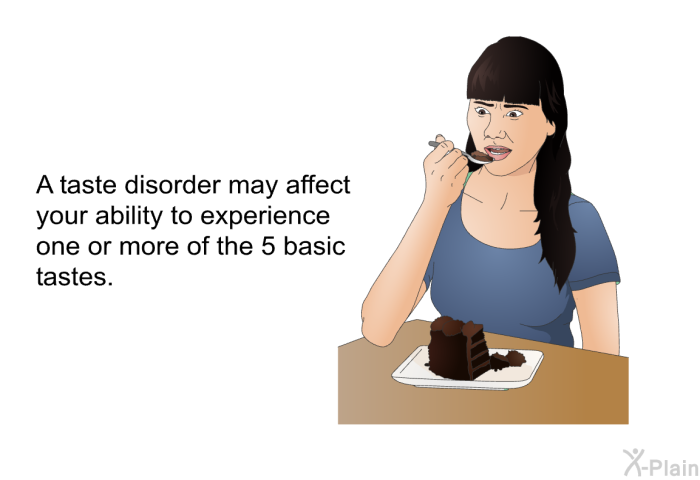 A taste disorder may affect your ability to experience one or more of the 5 basic tastes.