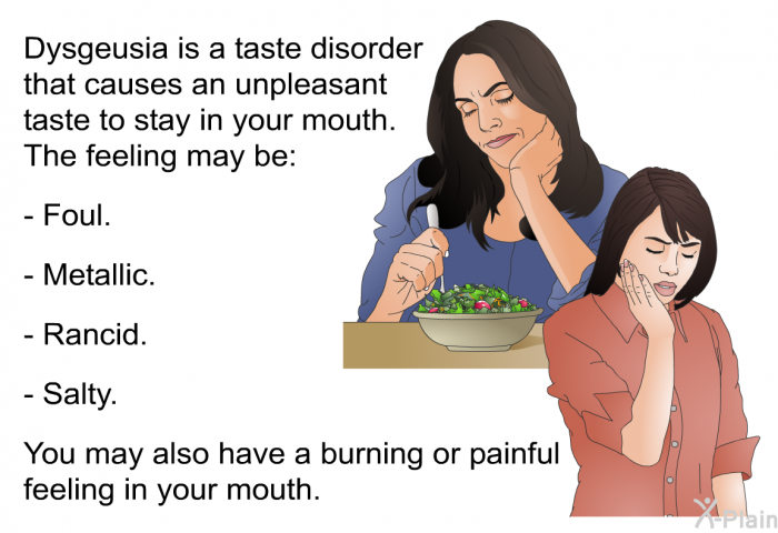 Dysgeusia is a taste disorder that causes an unpleasant taste to stay in your mouth. The feeling may be:  Foul. Metallic. Rancid. Salty.  
 You may also have a burning or painful feeling in your mouth.