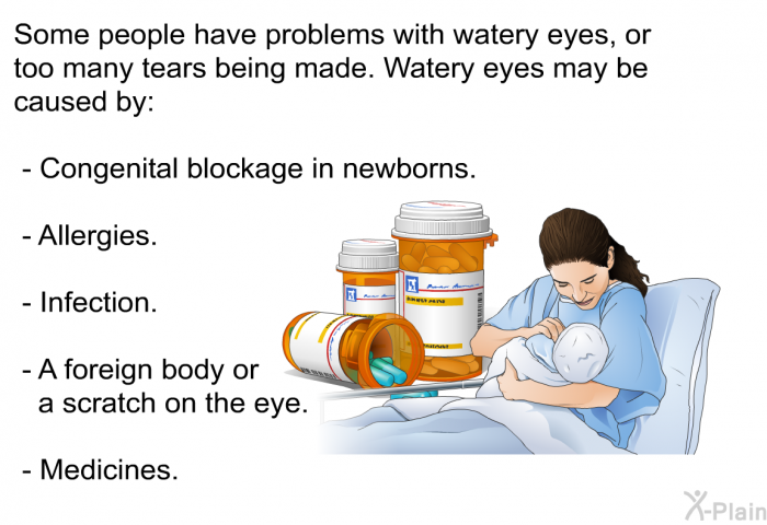 Some people have problems with watery eyes, or too many tears being made. Watery eyes may be caused by:  Congenital blockage in newborns. Allergies. Infection. A foreign body or a scratch on the eye. Medicines.