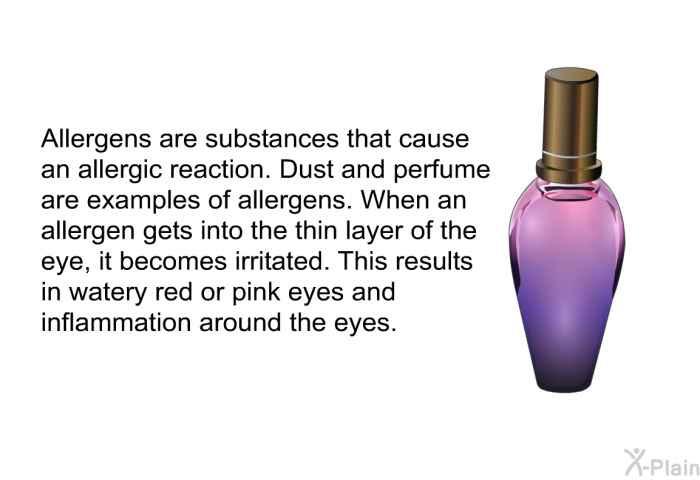 Allergens are substances that cause an allergic reaction. Dust and perfume are examples of allergens. When an allergen gets into the thin layer of the eye, it becomes irritated. This results in watery red or pink eyes and inflammation around the eyes.
