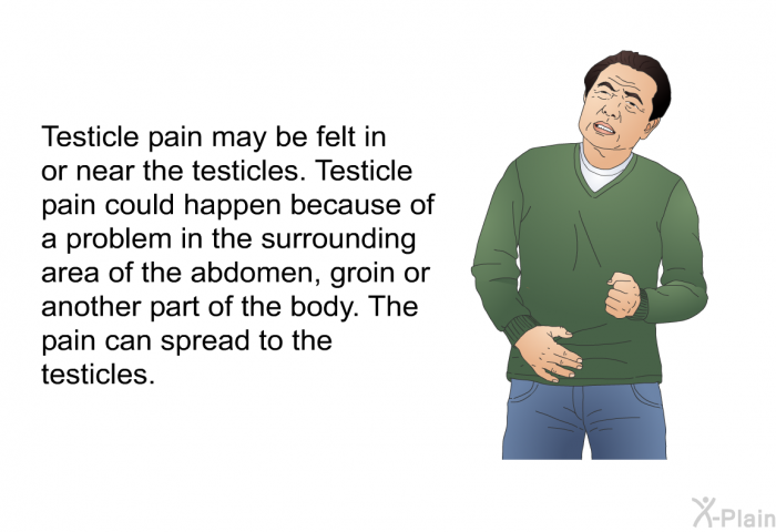 Testicle pain may be felt in or near the testicles. Testicle pain could happen because of a problem in the surrounding area of the abdomen, groin or another part of the body. The pain can spread to the testicles.