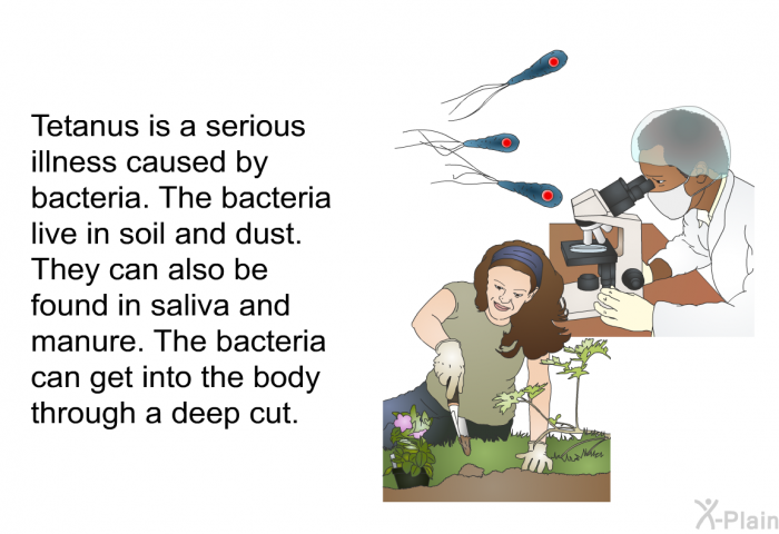 Tetanus is a serious illness caused by bacteria. The bacteria live in soil and dust. They can also be found in saliva and manure. The bacteria can get into the body through a deep cut.