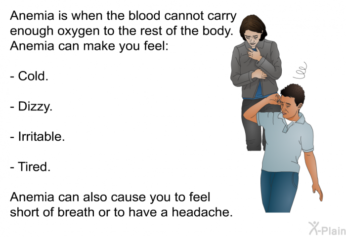 Anemia is when the blood cannot carry enough oxygen to the rest of the body. Anemia can make you feel:  Cold. Dizzy. Irritable. Tired.  
 Anemia can also cause you to feel short of breath or to have a headache.